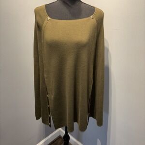 Chico's Poncho S/M Olive Green Gold Button Embellishment Ribbed Lagenlook Luxury